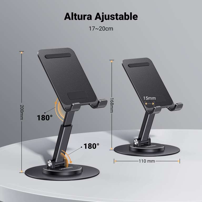 UGREEN Soporte Móvil Ajustable Aluminio, Base Giratoria 360° Compatible con iPhone 15/14, Samsung S24/S23, iPad Mini, Pixel 8