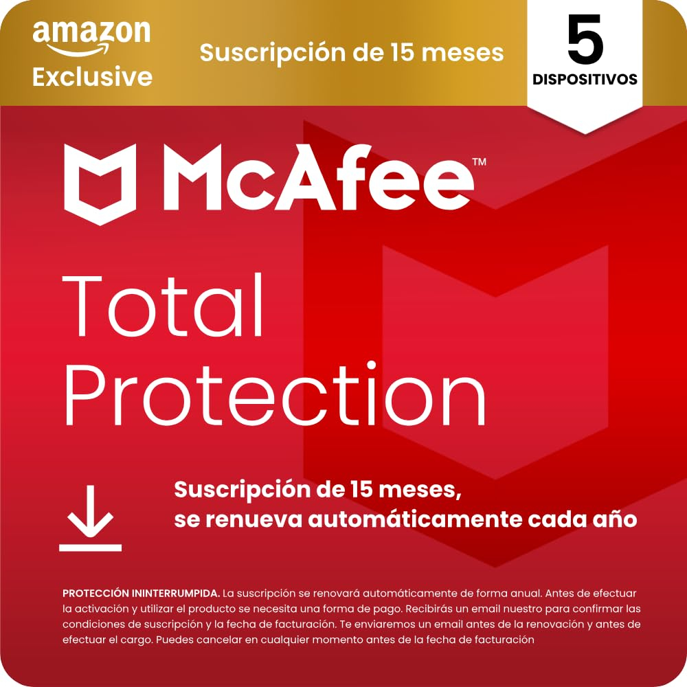 McAfee Total Protection para 5 Dispositivos 2026, 15 meses, Exclusivos de Amazon | Antivirus, VPN, software de seguridad
