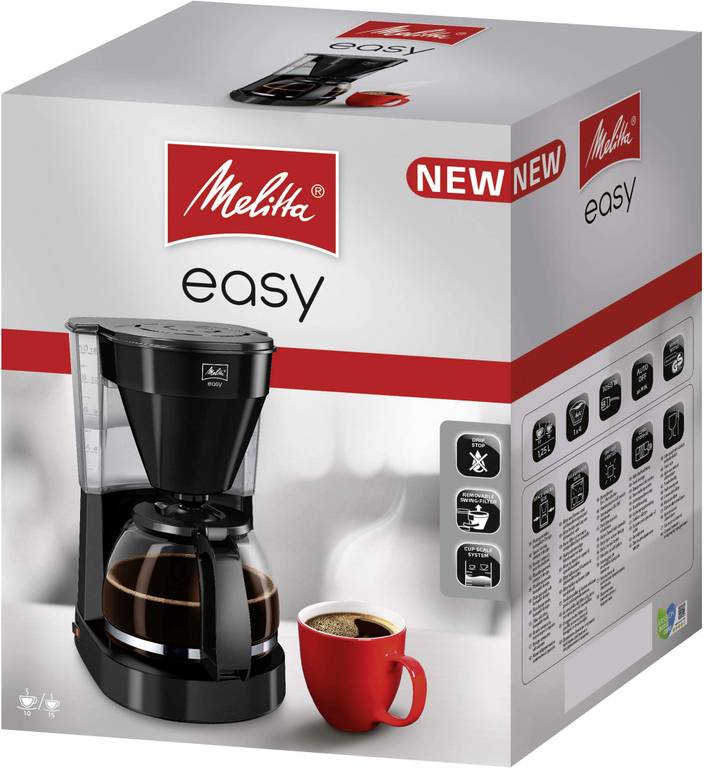 Melitta Easy II Cafetera de Goteo, Jarra de Vidrio 1,25 L, Hasta 10 Tazas, Sistema Antigoteo, Negra