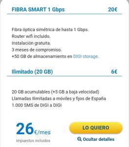 Fibra Smart Digi + linea con 20GB acumulables por 26€ al mes