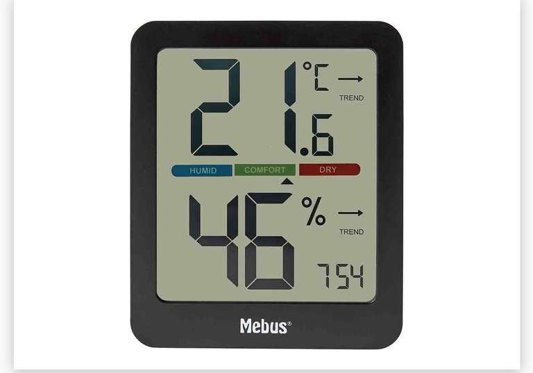 Mebus Estación climática que muestra la temperatura en °C o °F y un higrómetro interior con indicador de la humedad en %.