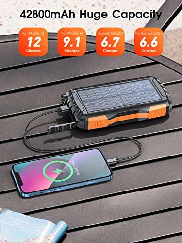 Batería Externa Solar de 42800 mAh, Cargador Solar con Doble Salida USB y Entrada