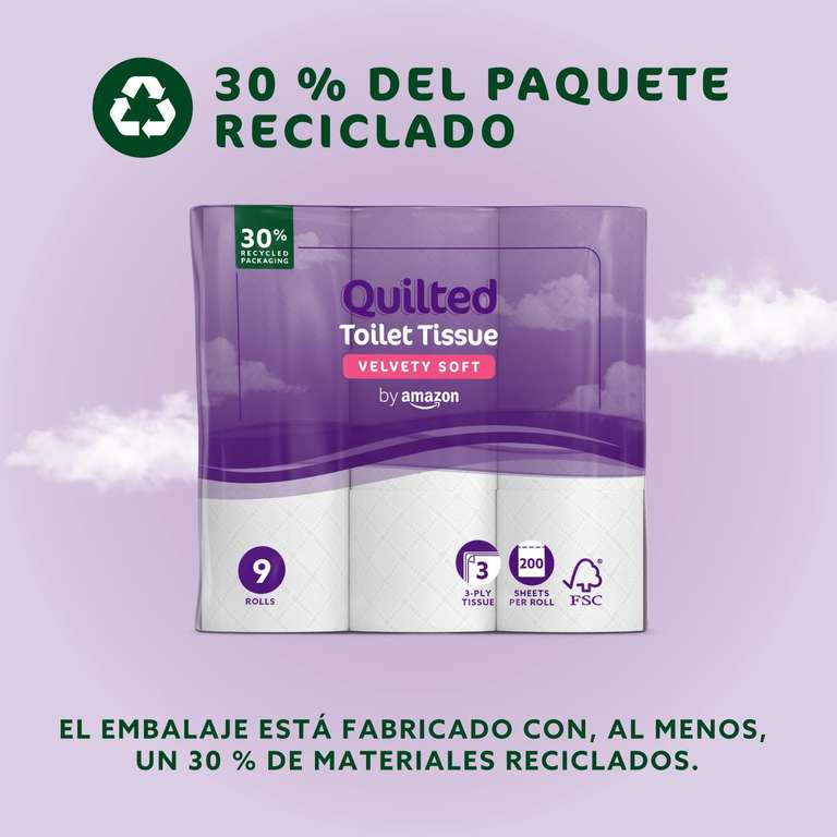 36 ROLLOS by Amazon Papel Higiénico Acolchado de 3 Capas, 9 Unidad (Paquete de 4), 200 Hojas por Rollo (anteriormente Presto!), Sin perfume