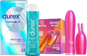 Durex Pack Conejito Vibrador 2 en 1 VIBE & TEASE, Lubricante Durex Efecto Frescor 50 ml & Preservativos Invisible, 12 condones.