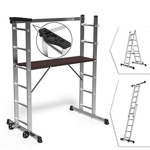 Andamio de Aluminio Multipropósito, Escalera Combinación y Andamio Plataforma de Trabajo, con 6 Peldaños y Ruedas, Carga máxima 150 kg