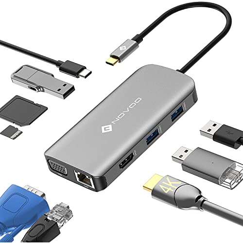 NOVOO Adaptador USB C Hub 9 en 1, Dual Display (HDMI 4K&VGA), USB C