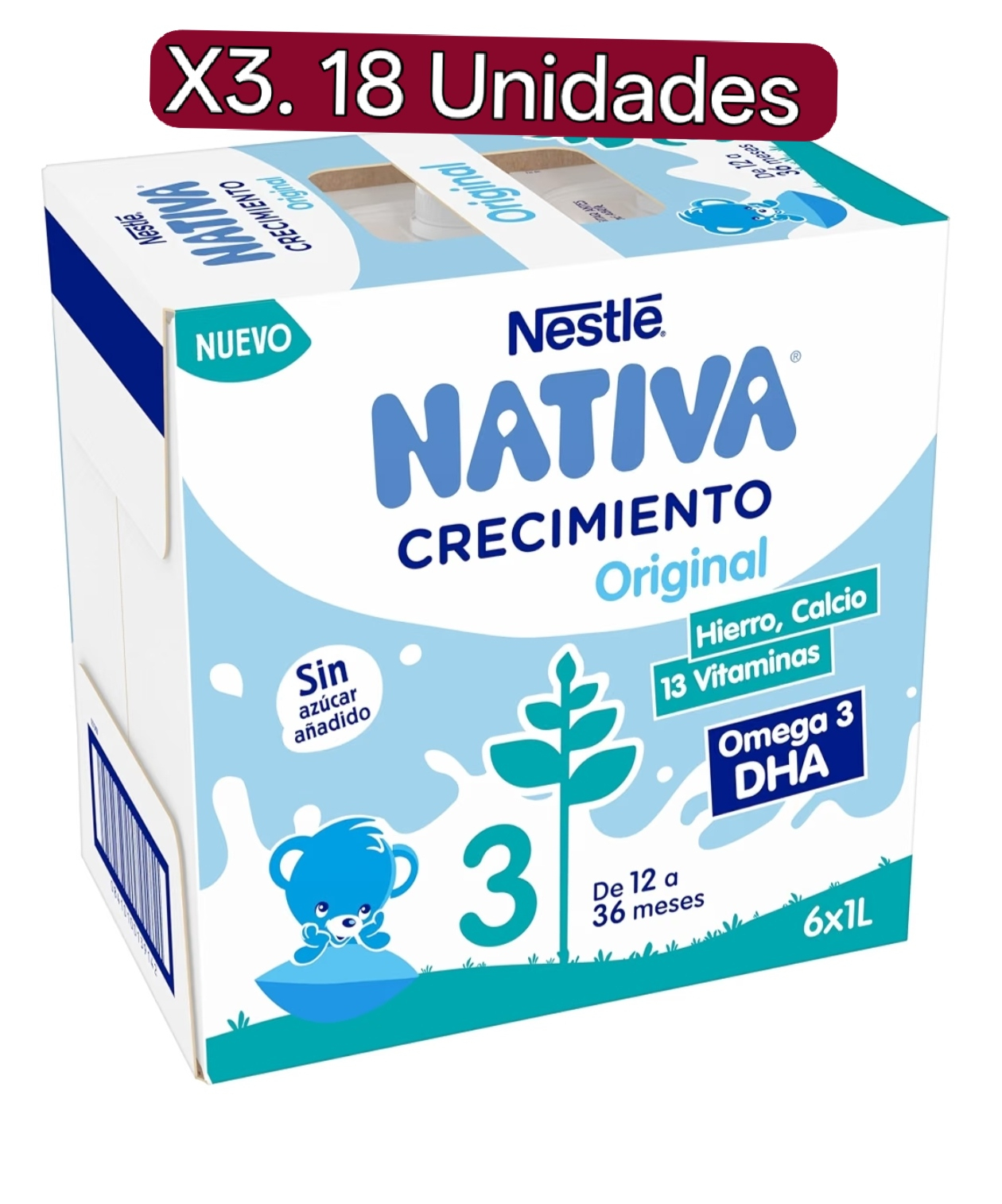X3.( Total 18 unidades)Nestlé NATIVA 3 Leche líquida Original sin azúcar añadido +1 año, 6x1L. Leche de crecimiento a partir de los 12 meses