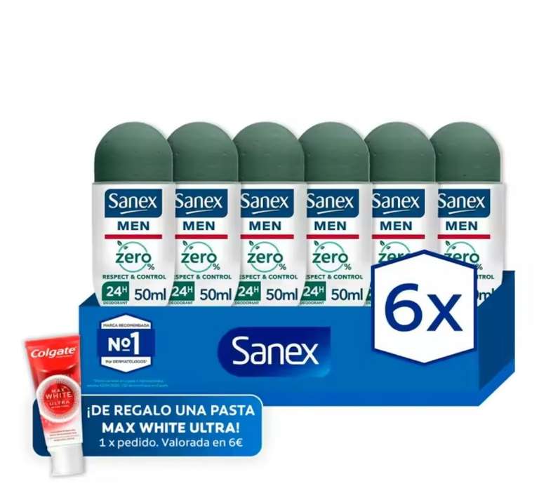 Desodorante roll-on para hombre Sanex Men Zero% Respect and Control de olor 24h 50ml. Pack 6 [ Nuevo Usuario 4.80€[