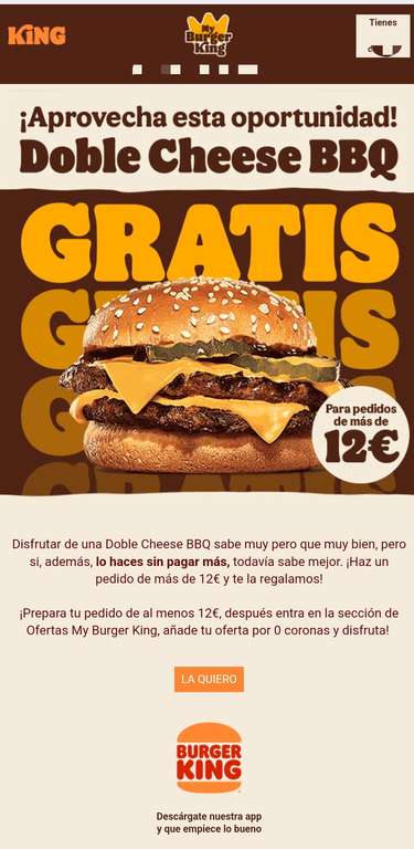 Doble Cheese BBQ Gratis en Burger King con pedido de más de 12 €