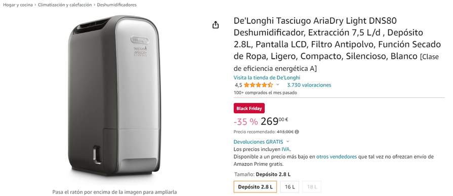 Comprar Deshumidificador De'Longhi Tasciugo Aria Dry Light DNS80 silencioso  con ionizador · Hipercor