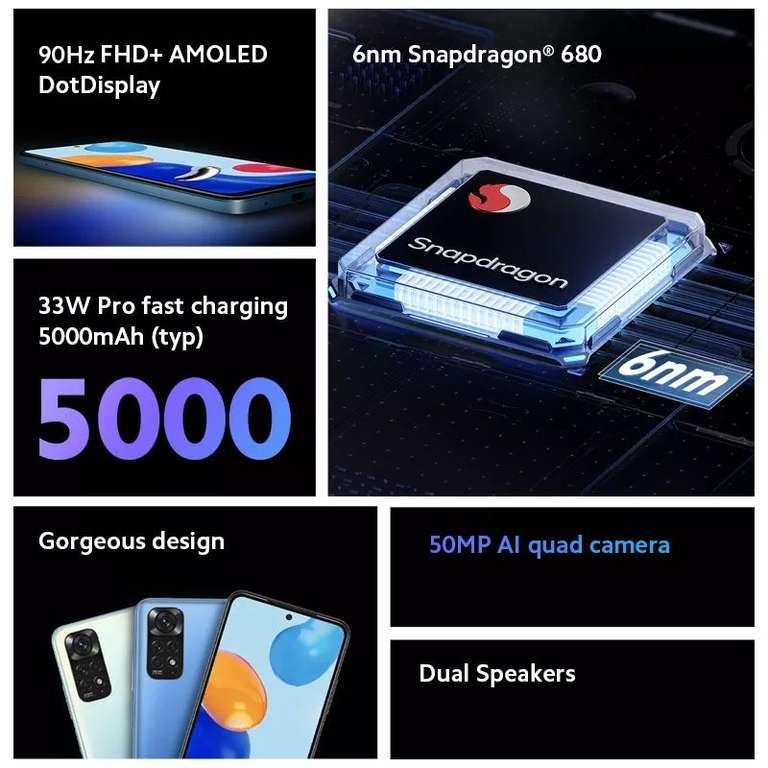 Smartphone Redmi Note 11, 4G, NFC, 6,43 ", AMOLED, 90Hz, 33W, carga rápida, Snapdragon 680, octa-core
