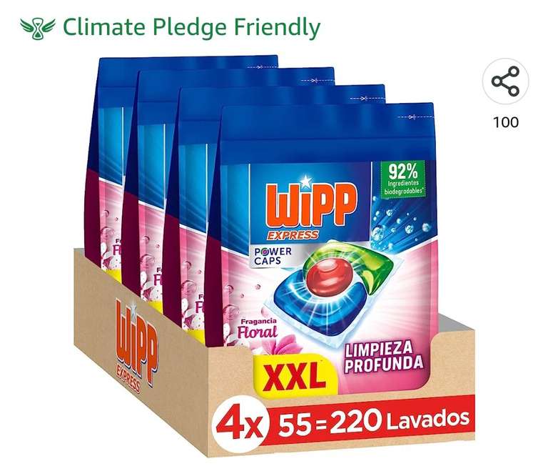Wipp Express Power Caps Detergente Floral en Cápsulas para Lavadora, Pack de 4, Total 220 Dosis solo 0.22€ lavado