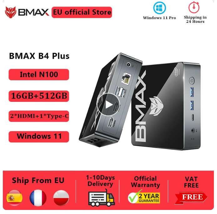 BMAX-Mini PC B4 Plus, 16GB RAM, 512GB SSD, Intel N100