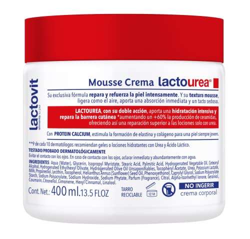 Lactovit - Mousse Crème Hidratante Lactourea para Cuerpo y Cara de 24 Horas Duración, para Pieles Secas y Muy Secas - 400 ml