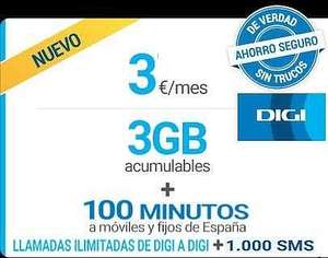 DIGI MINI Ahora 3 GB acumulables + 100 min. por sólo 3€ y + tarifas Movil
