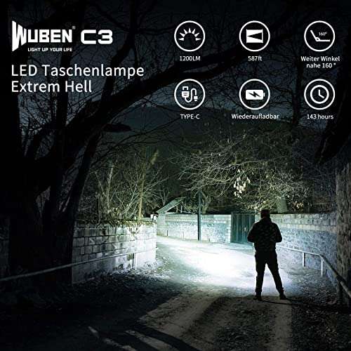 WUBEN C3 USB C 1200 lúmenes Linterna LED Recargable e Impermeable con 6 modos Alta Potencia Linterna para exteriores