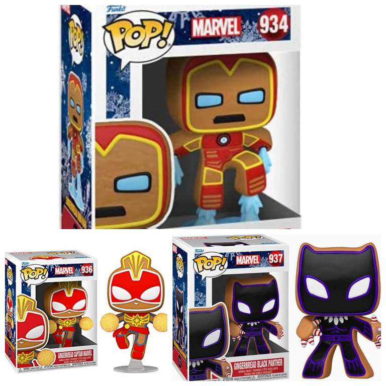 Funko- Pop Marvel Holiday-Iron Man / Capitana Marvel / Black Panther (Ed Navidad galleta jengibre)