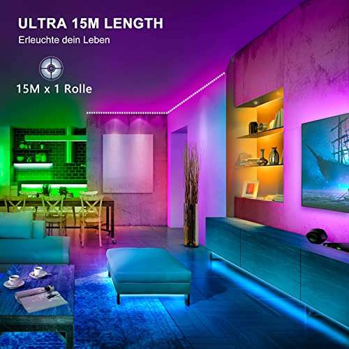Tira LED 15m, Bluetooth Luces LED para Habitación, Luces de Tiras LED RGB 5050 Music Sync con Remote APP