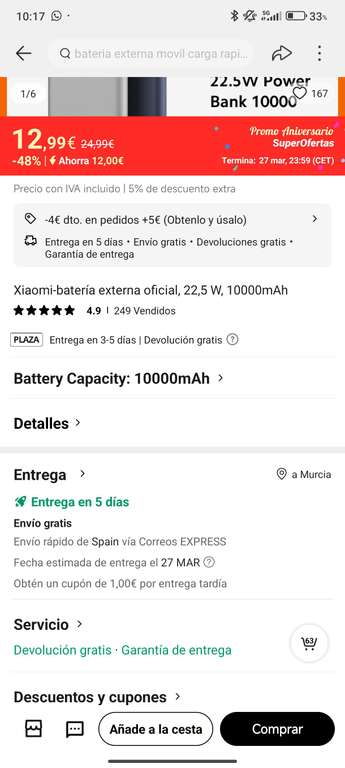 Powerbank Xiaomi 10000 mah (Tienda Oficial). Nuevos usuarios 3'99€