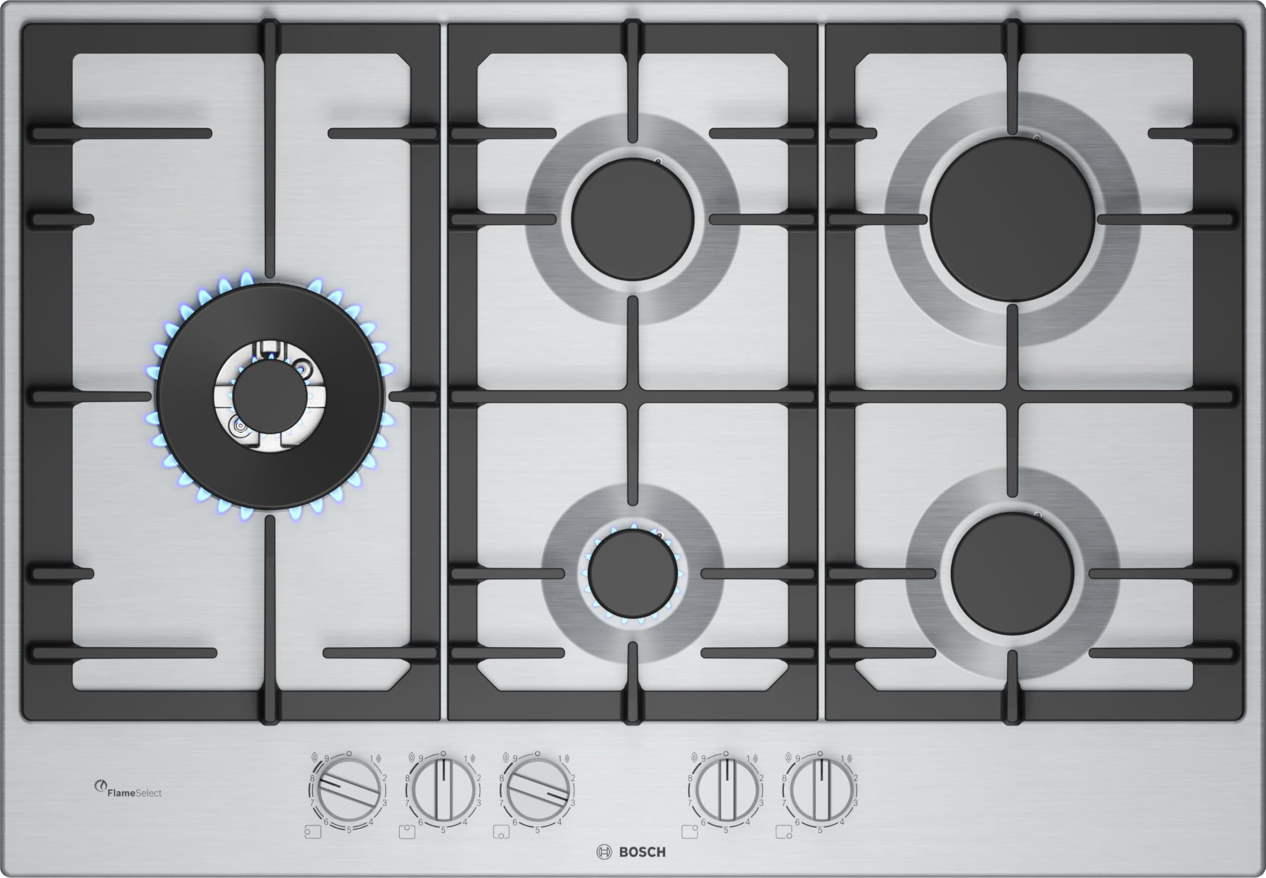 Bosch Serie 4 Placa de Gas 4 Zonas con Wok 3,3 kW GasStop Acero Inoxidable 60 cm Cocina Segura y Potente