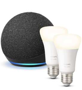 Echo Dot (4.ª generación), Antracita + Philips Hue White Pack de 2 bombillas inteligentes, compatible con Alexa