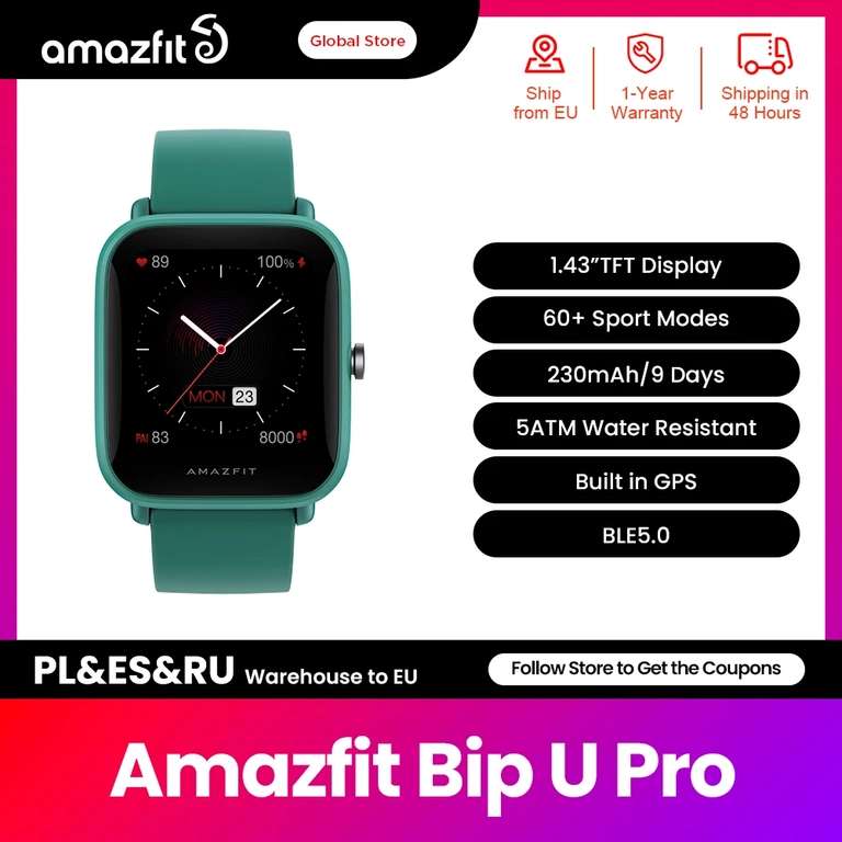 Amazfit Bip U Pro, Smartwatch accesorio de pulsera resistente al agua con pantalla a Color de 1,43 pulgadas, GPS