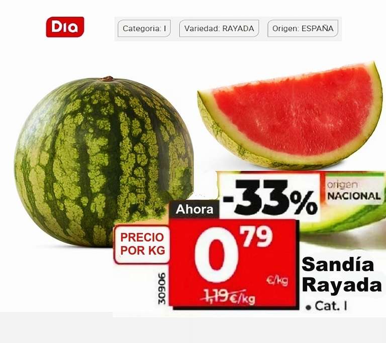 Sandía rayada sin pepitas origen España a 0,79€ el Kilo