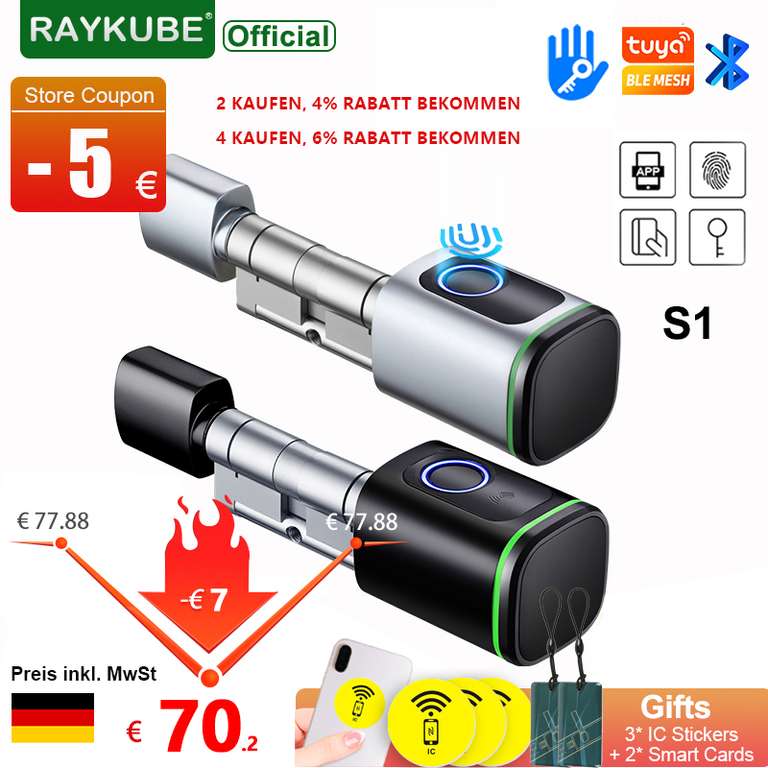 RAYKUBE-cerradura electrónica inteligente S1 Tuya BLE TT, núcleo de cilindro DIY, huella dactilar, APP, llaves, tarjeta IC