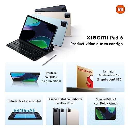 Xiaomi Pad 6 - Tablet de 11” (WiFi, Pantalla WQHD+ de 144Hz, 6GB de RAM, 128GB de ROM, batería de 8840 mAh) - (287,99€ con Mi Points)