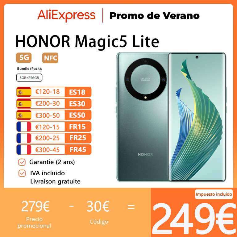 HONOR Magic5 Lite 5G, NFC 8GB - 256GB (desde España)