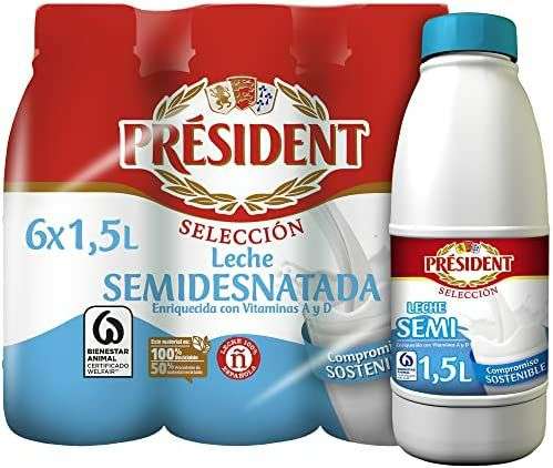 Président - Pack de 6 Botellas de Leche UHT Semidesnatada, 6 x 1,5 litros, 9 litros (0,66 CTS/L)