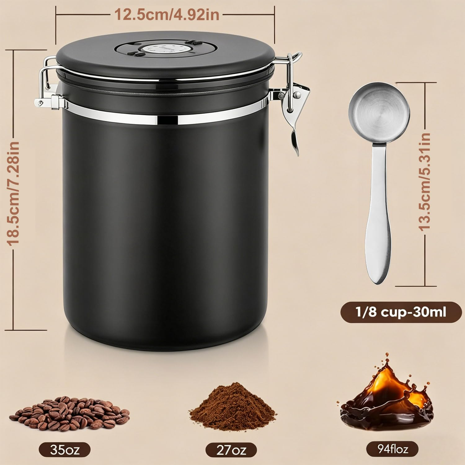 Bote Hermético Café - 1.8L bote café de acero inoxidable al vacío con indicador de fecha, para granos de café, azúcar glas, té, cacao.