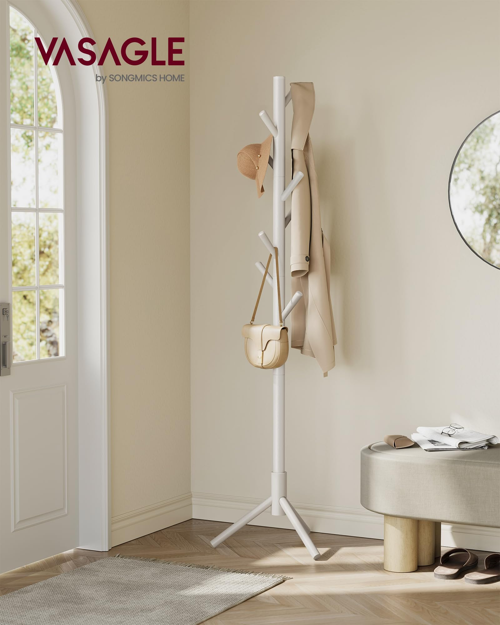 VASAGLE Perchero Madera Maciza, en Forma de Árbol, 8 Ganchos para Chaquetas, Sombreros Ajustable en 3 alturas