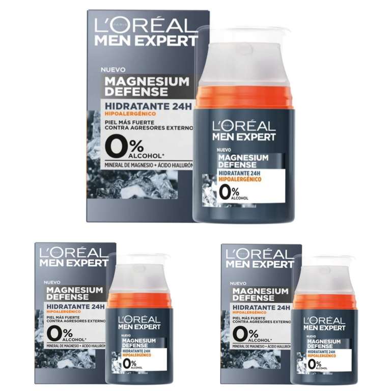 3 x L'Oréal Men Expert, Crema Facial Hidratante 24H Para Hombre, Hipoalergénica Mineral de Magnesio + Ácido Hialurónico [Unidad 4'39€]