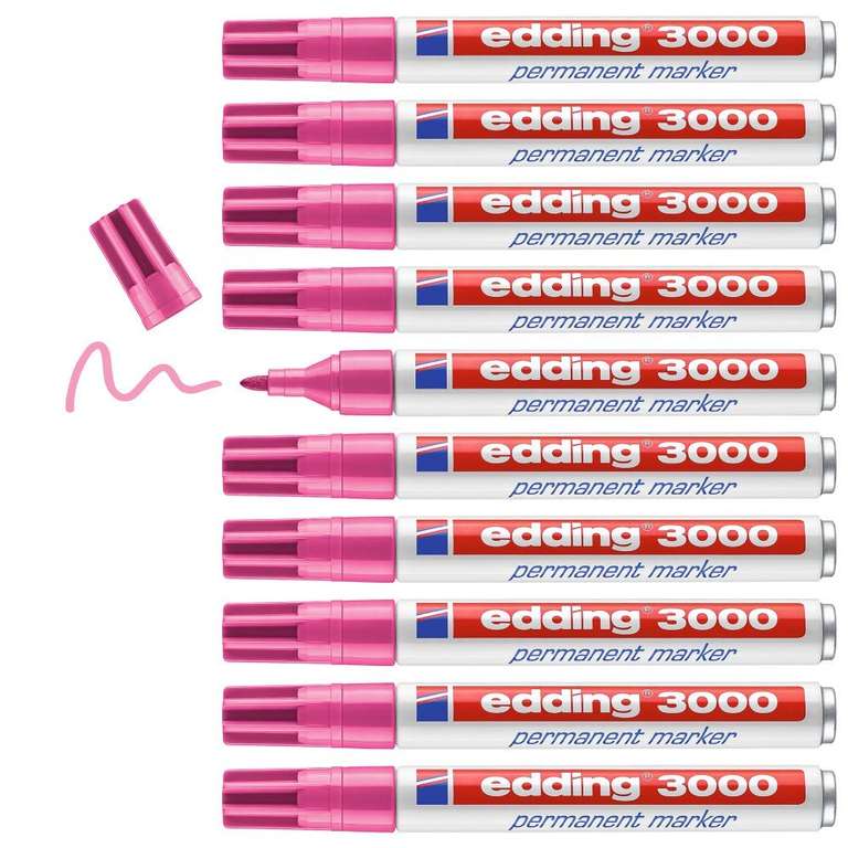 edding 3000, Pack 10 marcadores permanente rosa resistente al agua y a los borrones cartón, plástico, madera, metal, tela - universal
