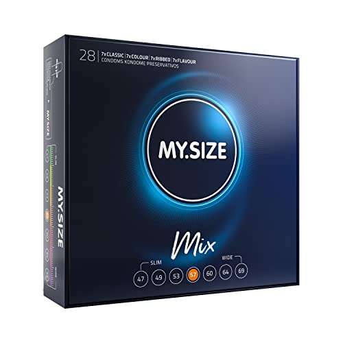 MY.SIZE Mix: 28 condones en 4 interesantes variaciones: condones con sabor, de colores, acanalados y clásicos, talla 4, 57 mm