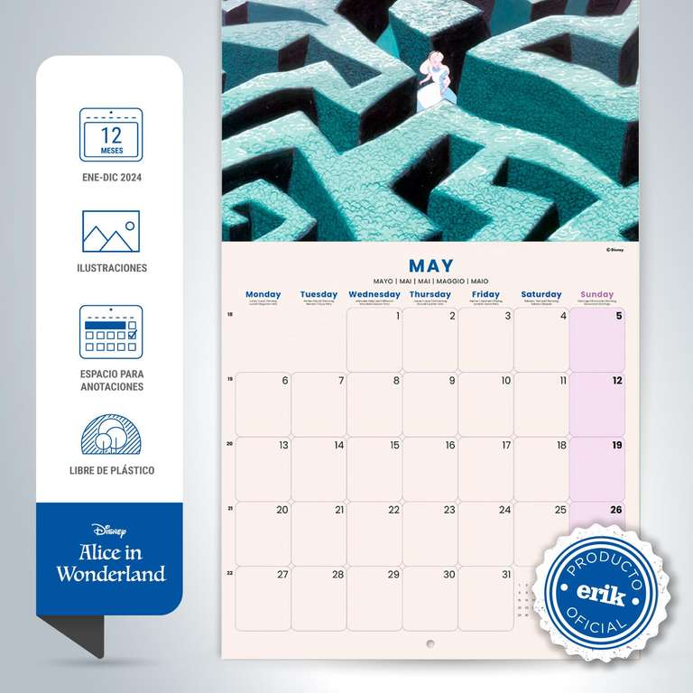 Grupo Erik Calendario 2024 pared Disney Alicia - Calendario pared 2024 - Planificador mensual 30x30 cm | Calendario 2024 Disney