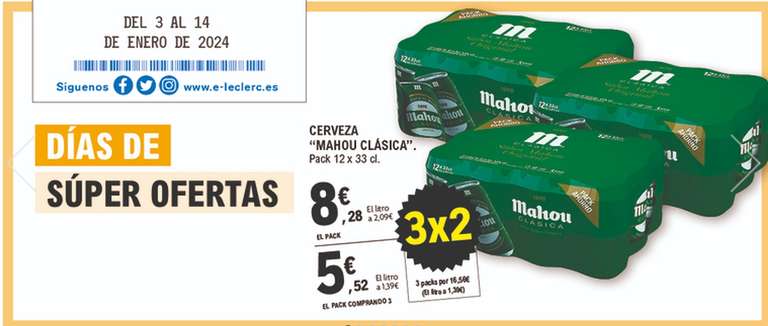 3x2 Cerveza Mahou Clásica -pack 12 x 33cl. a 5,52€- (0,46€/lata.)