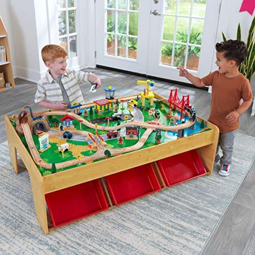 KidKraft, Mesa de Juego con cascada y montaña, de madera, para niños, juego clásico de actividades ferroviarias con 120 piezas