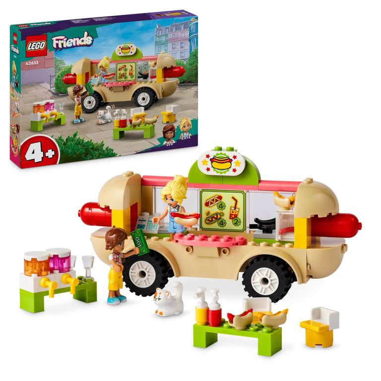 LEGO Friends Camión de Perritos Calientes y Accesorios de Comida y Cocina de Juguete con Figura de Gato y Mini Muñecos de Personajes, +4