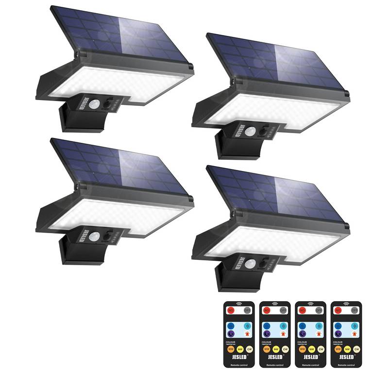 JESLED Lámpara Solar Exterior con Sensor de Movimiento 108 LEDs, 2600mAh, Tipo-C, 4 Modos 3 Colores IP65, Pack de 4