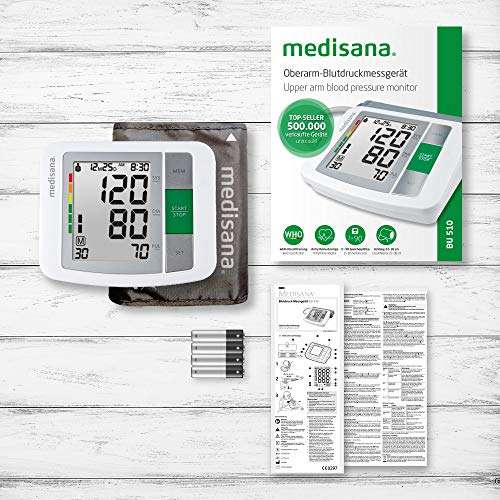 medisana BU 510 Tensiómetro de brazo, medición precisa de la presión arterial y el pulso con función de memoria, escala de semáforo.