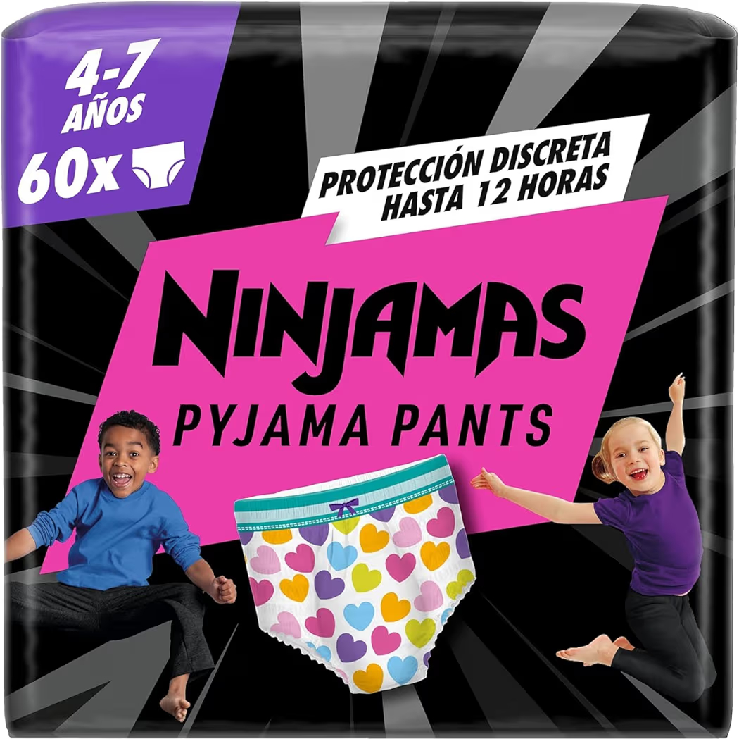 DODOT Ninjamas Pañal Branguita para Pijama con Corazones, 60 Pañales de Pijama, 4-7 Años, 17kg-30kg, Protección contra fugas toda la noche