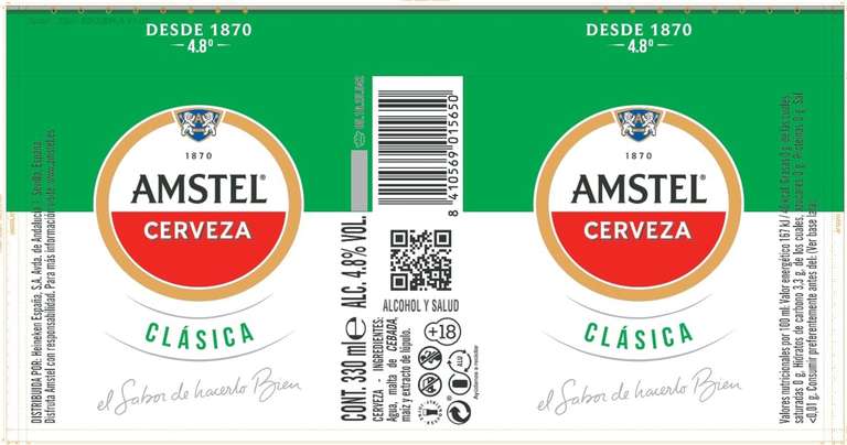 72 latas Amstel Clásica Cerveza Lager, 3x Pack Lata, 24 x 33 cl. 0'33€/ud