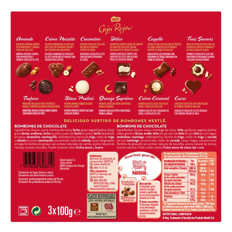 Nestlé - Caja Roja, Bombones Chocolate con Leche (3 x 100 g), Lote 2+1.
