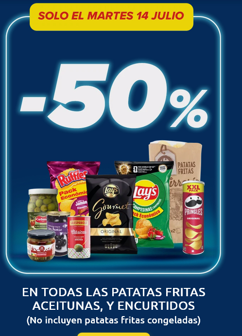 50% regalo en patatas fritas solo día 14 en hipermercados carrefour todos los clientes