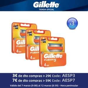 3 packs Gillette Fusion 5 (4 recambios en cada pack)