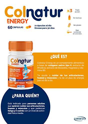 Colnatur Energy Colágeno con Magnesio, Vitamina B6, Rhodiola y Boswellia para Huesos, Articulaciones, Fatiga y Estrés - 60 Cápsulas