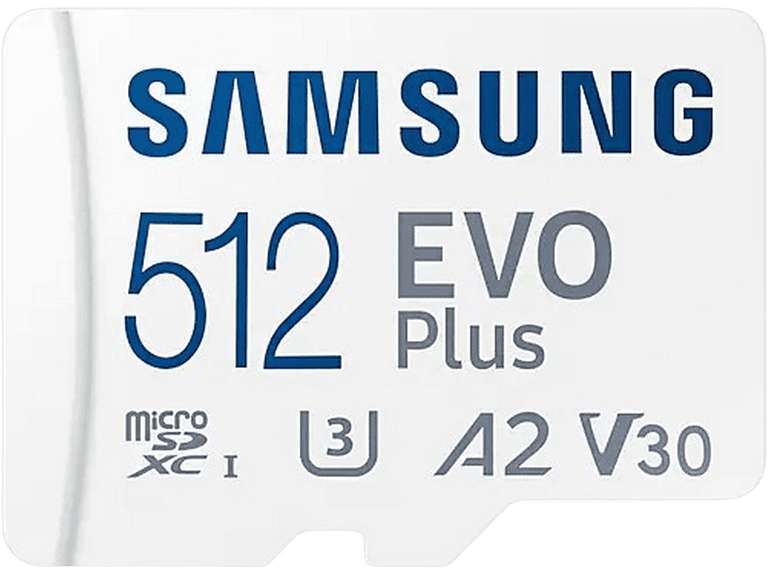 Tarjeta Micro SDXC - Samsung Evo Plus MB-MC512KA/EU, 512 GB, Clase 10, V30, UHS-I, Lectura 130 MB/s, Blanco