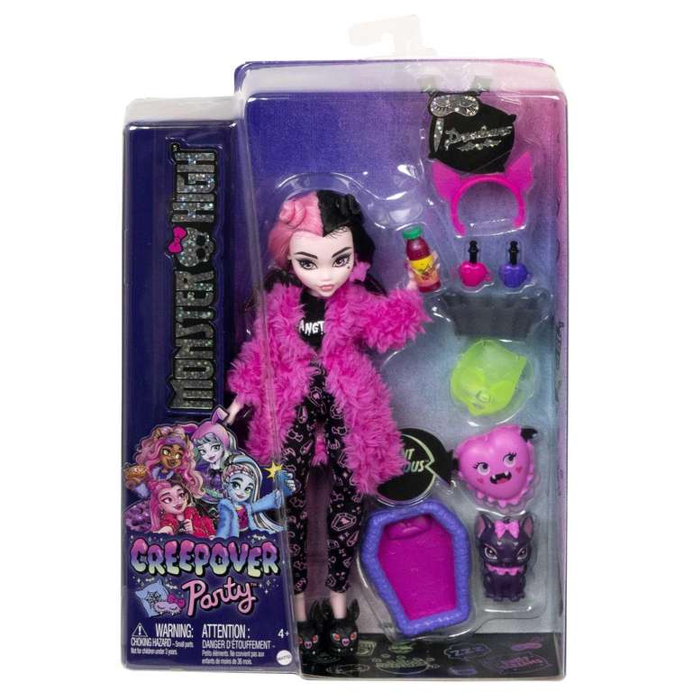 Monster High Fiesta de Pijamas Draculaura Muñeca articulada con Pijama, Mascota murciélago y Accesorios, Juguete +4 años (Mattel HKY66)